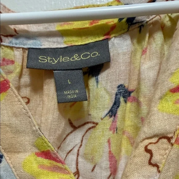 🌼 Style & Co Yellow Floral Midi Dress – Size L – Linen Blend Boho Dress - Picture 2 of 6